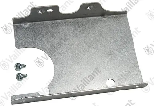 Metallhalter für Anschlussrohr-Brenner von Vaillant, mit zwei Schrauben, in rechteckiger Form und einer Aussparung auf der linken Seite.